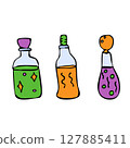 Three different colorful bottles of magic potion.  127885411