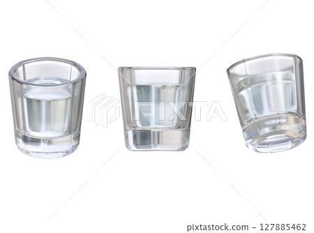 Three Shot Glasses Filled with Clear Liquid 3D Graphic 127885462