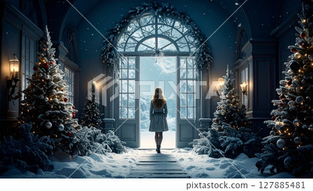 A woman standing in a Western-style house in winter 127885481