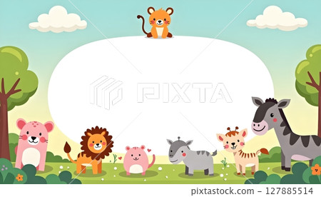 Colorful cartoon jungle friends surround an empty banner space 127885514