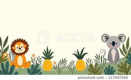 Colorful cartoon jungle friends surround an empty banner space 127885560