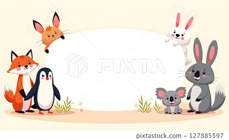 Cartoon jungle animals surround pastel background square frame 127885597