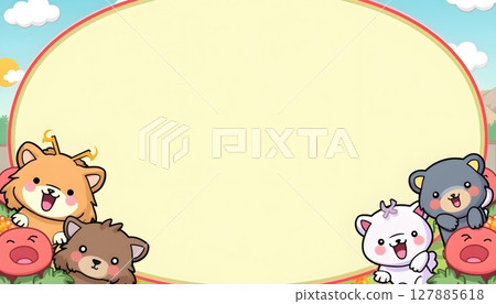Cartoon jungle animals surround pastel background square frame 127885618