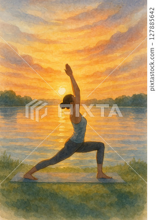 Yoga time under the setting sun | Healing landscape illustration of sunset yoga Yoga time under the setting sun | Healing landscape illustration of sunset yoga 127885642