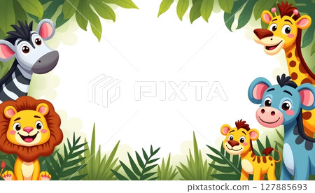 Animal jungle themed frame cartoon animals empty center space 127885693