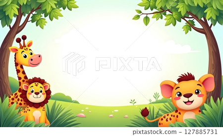 A unique children's background frame featuring various wild animals and lush plants 127885731