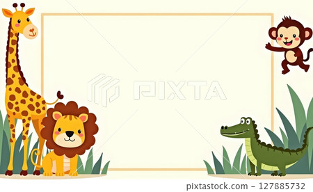 A unique children's background frame featuring various wild animals and lush plants 127885732