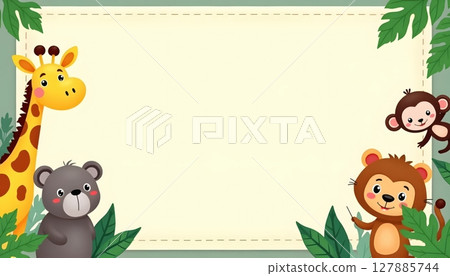 A unique children's background frame featuring various wild animals and lush plants 127885744