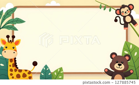 A unique children's background frame featuring various wild animals and lush plants 127885745