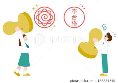 A girl in a school uniform receiving a flower circle stamp and a boy who failed 127885750