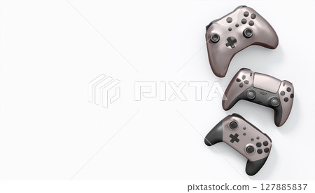 Realistic colorful video game joysticks or gamepads with color buttons on white 127885837
