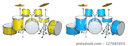 Set of realistic drums with metal cymbals or drumset on white background Set of realistic drums with metal cymbals or drumset on white background 127885854