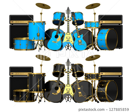 Set of realistic drums with metal cymbals or drumset on white background 127885859