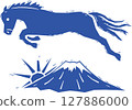 Woodblock-style illustration of a horse leaping over Mount Fuji 127886000