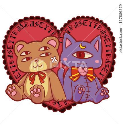 Bear and cat stuffed toys and hearts Bear and cat stuffed toys and hearts 127886279