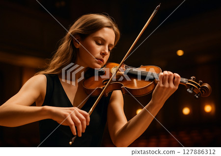 Young Caucasian woman playing the violin in a hall Young Caucasian woman playing the violin in a hall 127886312