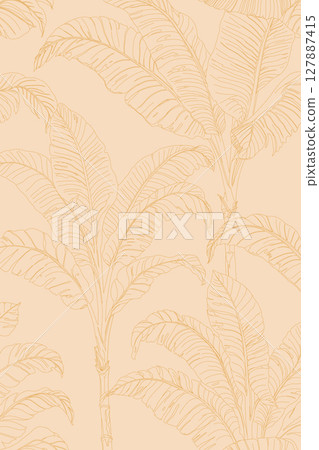 Tropical banana leaf line art on a soft peach background. Elegant botanical illustration, seamless pattern. Tropical banana leaf line art on a soft peach background. Elegant botanical illustration, seamless pattern. 127887415