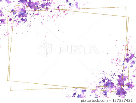 Gold frame with watercolor purple stains spotted background. Banner or card rectangular template. Hand painted isosolated illustration. Abstract lilac, pink and violet brush stroke with space for text Gold frame with watercolor purple stains spotted background. Banner or card rectangular template. Hand painted isosolated illustration. Abstract lilac, pink and violet brush stroke with space for text 127887421