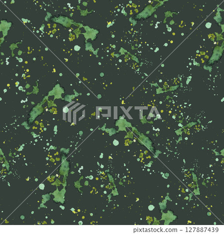 Watercolor green spots and splashes seamless pattern. Abstract olive, grass nature green brush stroke, stains on isolated dark background texture for fabric, wrapping paper. Hand painted illustration. 127887439