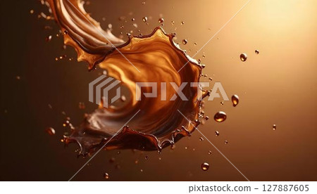 A striking splash of chocolate on a brown background, symbolizing the delightful fusion of chocolate and coffee A striking splash of chocolate on a brown background, symbolizing the delightful fusion of chocolate and coffee 127887605
