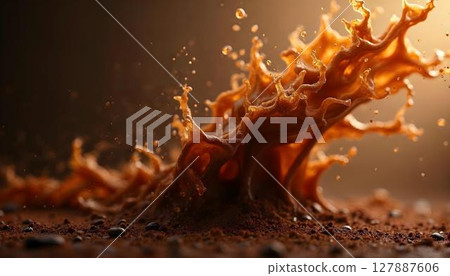A vibrant chocolate splash set on a brown surface, capturing the essence of coffee's rich flavors A vibrant chocolate splash set on a brown surface, capturing the essence of coffee's rich flavors 127887606