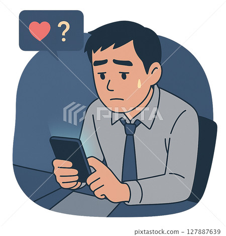 A man checking social media with an anxious expression on his face, spending time on his smartphone at night worrying about likes, a businessman struggling with a need for approval 127887639