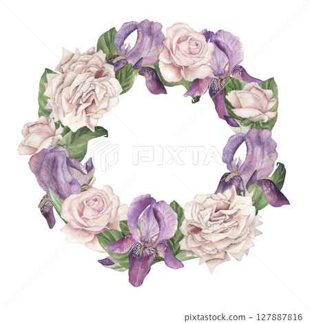 Watercolor floral wreath with soft pink roses and purple irises, accented by lush green leaves. Elegant botanical circle perfect for wedding design, invitations, spring decor, and romantic artwork 127887816