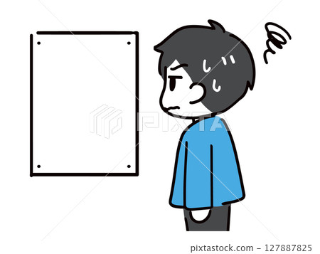 一名男子看著海報，臉上露出憂慮的表情 127887825