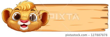 Cute Lion Cub with Wooden Sign 127887878