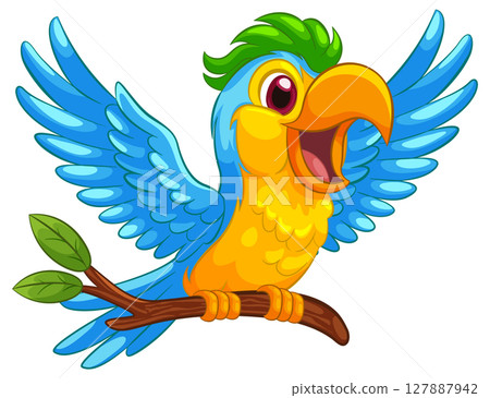 Colorful Cartoon Macaw on a Branch Colorful Cartoon Macaw on a Branch 127887942