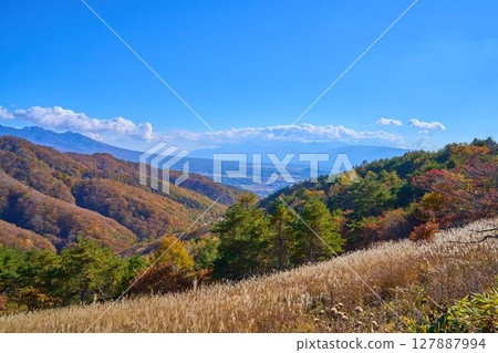 View of the south side from the Shirakaba Lake Observatory on the Venus Line in Nagano Prefecture in autumn (Chino city, Yatsugatake, etc.) 127887994