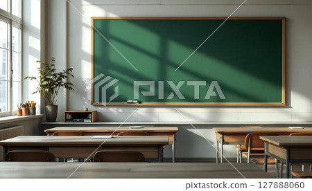 A back-to-school classroom image showcasing desks and a chalkboard for educational settings 127888060