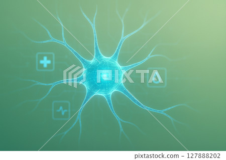 AI generated holographic neuron cell glowing in blue light with medical UI icons on soft green background representing health technology and innovative science concept 127888202
