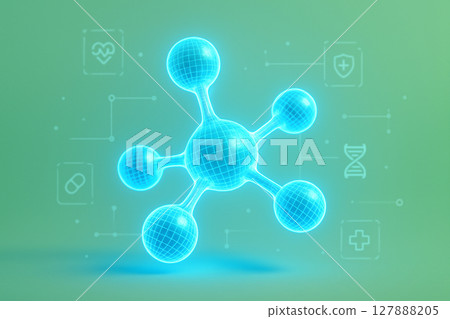 AI generated glowing blue molecule in holographic style surrounded by medical UI icons on a soft green background expressing health science and futuristic biotechnology concept 127888205