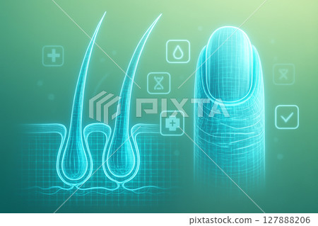AI generated realistic hologram of hair follicles and nail with glowing blue lines and medical UI over a green background representing modern health technology AI generated realistic hologram of hair follicles and nail with glowing blue lines and medical UI over a green background representing modern health technology 127888206