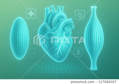 AI generated glowing hologram of heart smooth and skeletal muscles with medical UI icons on a soft green background for futuristic health and biotech concept AI generated glowing hologram of heart smooth and skeletal muscles with medical UI icons on a soft green background for futuristic health and biotech concept 127888207