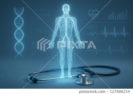 AI generated glowing blue white vascular system hologram above stethoscope with dna and digital health data interface 127888254