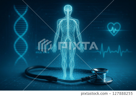 AI generated full body human nervous system in glowing hologram above stethoscope with vascular network DNA and health data interface in cool tones showing precision and medical intelligence 127888255