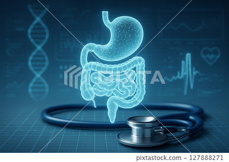 AI generated glowing hologram of human stomach liver and intestines above stethoscope with anatomical data and digital health analysis in cool futuristic tones 127888271