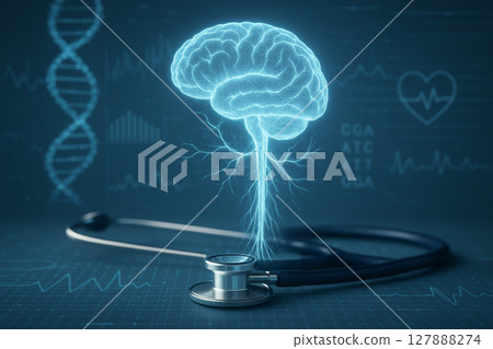 AI generated glowing hologram of brain spinal cord and nerves floating above stethoscope with vascular network dna strand and digital data for advanced health diagnostics 127888274