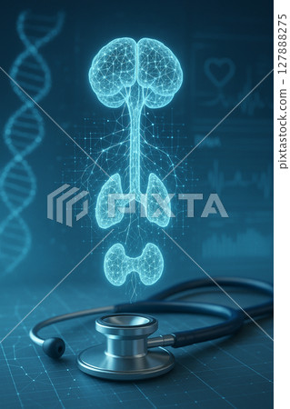 AI generated glowing hologram of pituitary thyroid and adrenal glands above stethoscope with dna strand vascular network and digital interface for advanced medical diagnostics 127888275