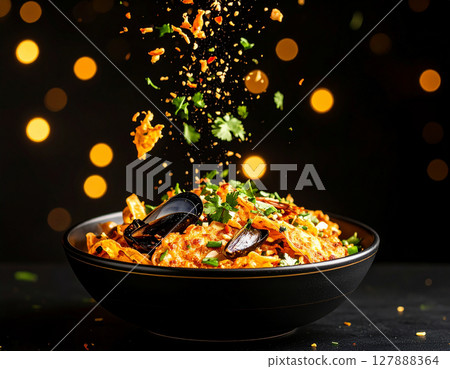 AI generated crispy thai hoy tod mussel pancake with fresh ingredients falling into ornate thai bowl golden crunchy texture savory seafood street food authentic flavor 127888364