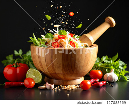AI generated fresh thai som tum papaya salad ingredients falling into wooden mortar vibrant spicy sour sweet flavors authentic street food healthy crunchy texture 127888369