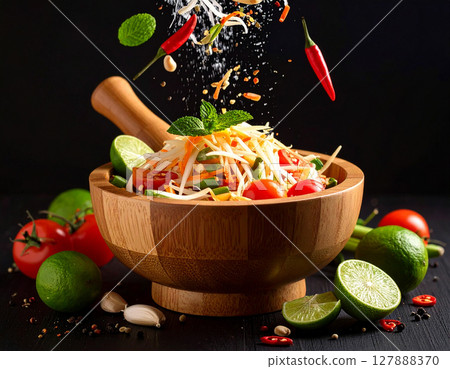 AI generated fresh thai som tum papaya salad ingredients falling into wooden mortar vibrant spicy sour sweet flavors authentic street food healthy crunchy texture 127888370