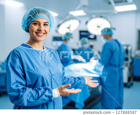 AI generated image of a surgical nurse in scrubs standing at the frame edge gesturing to welcome someone into a sterile operating theater. 127888387