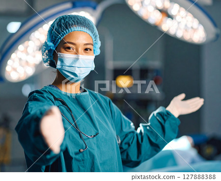 AI generated image of a surgical nurse in scrubs standing at the frame edge gesturing to welcome someone into a sterile operating theater. 127888388