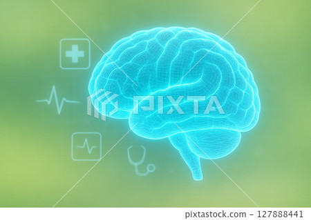 AI generated image of a glowing blue digital brain with medical UI icons on soft green background symbolizing innovation technology and mental wellness 127888441