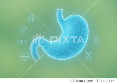 AI generated holographic stomach in glowing blue light with digital medical UI icons on green background representing advanced healthcare and futuristic innovation 127888447
