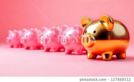 A golden piggy bank alongside pink ones on an pink background, emphasizing the concept of investing and wealth accumulation A golden piggy bank alongside pink ones on an pink background, emphasizing the concept of investing and wealth accumulation 127888512
