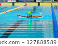 Swimmer child swims butterfly swimming style in a race swimming pool. Water sports and competition, learning to swim classes for children. 127888589